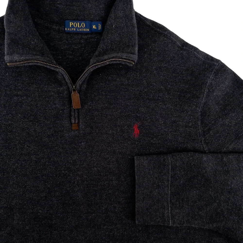 Polo Ralph Lauren Mens XL 1/4 Quarter Zip Sweater 100% Cotton Dark Gray Charcoal